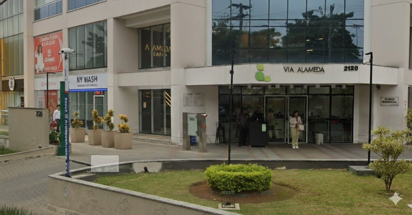 Fachada do Via Alameda com câmeras de segurança e NY Wash